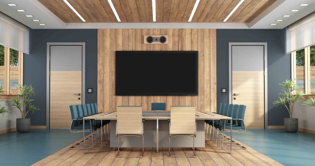 Elegant boardroom with large meeting table,two doors and flat screen on background
