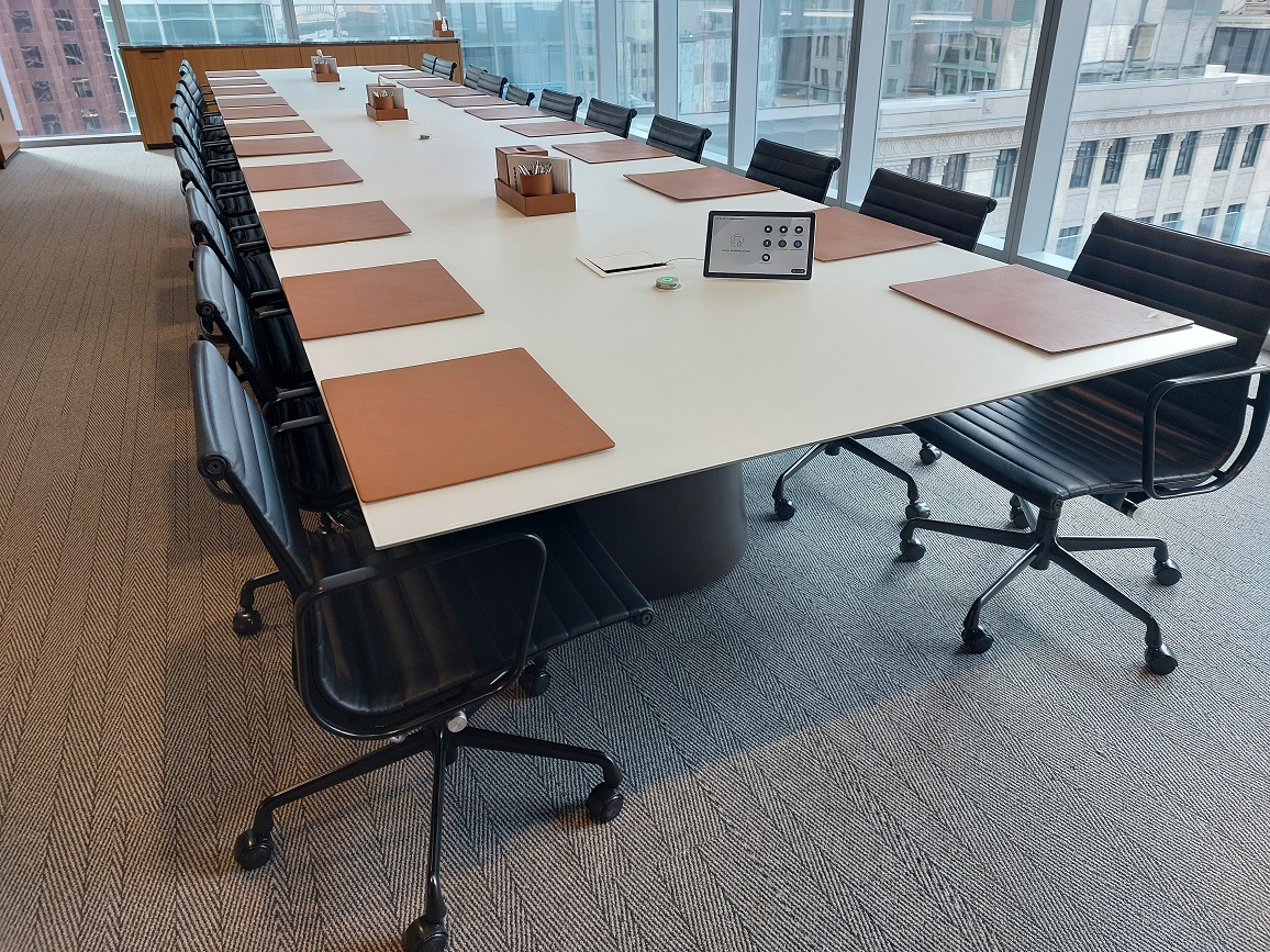Glass Boardroom Table with ClockAudio Microphones and Cisco Touch Panel.